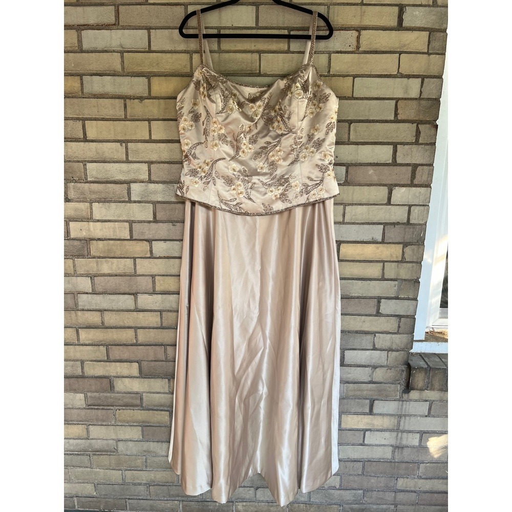 Alyce Designs Champagne Satin Beaded Floral Embroidered Formal Gown Size 24